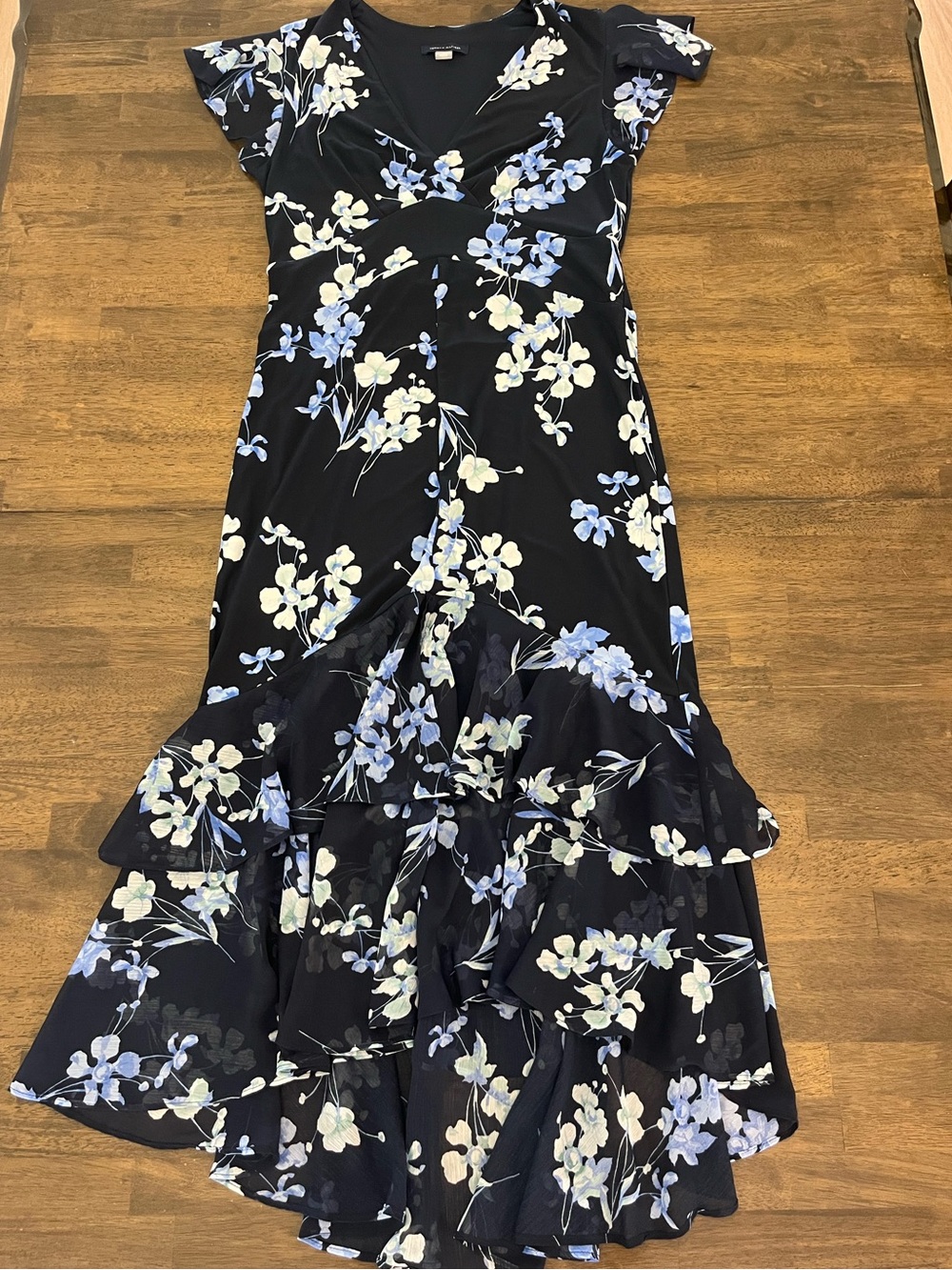 Tommy Hilfiger Navy Maxi Dress with Blue & White Floral High Low Ruffles Sz 4